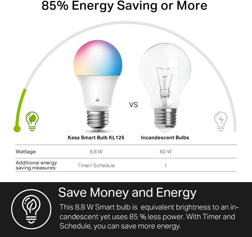Kasa Smart Light Bulbs, Full Colour Changing Dimmable Smart WiFi Bulbs Compatible with Alexa and Google Home, A19, 9W 800 Lumens,2.4Ghz only, No Hub Required, 4-Pack (KL125P4), Multicolour 🍁 All In One Marketplace Canada