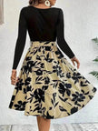 Floral Print Long Sleeve Skirt - Round Neck Flared Dress