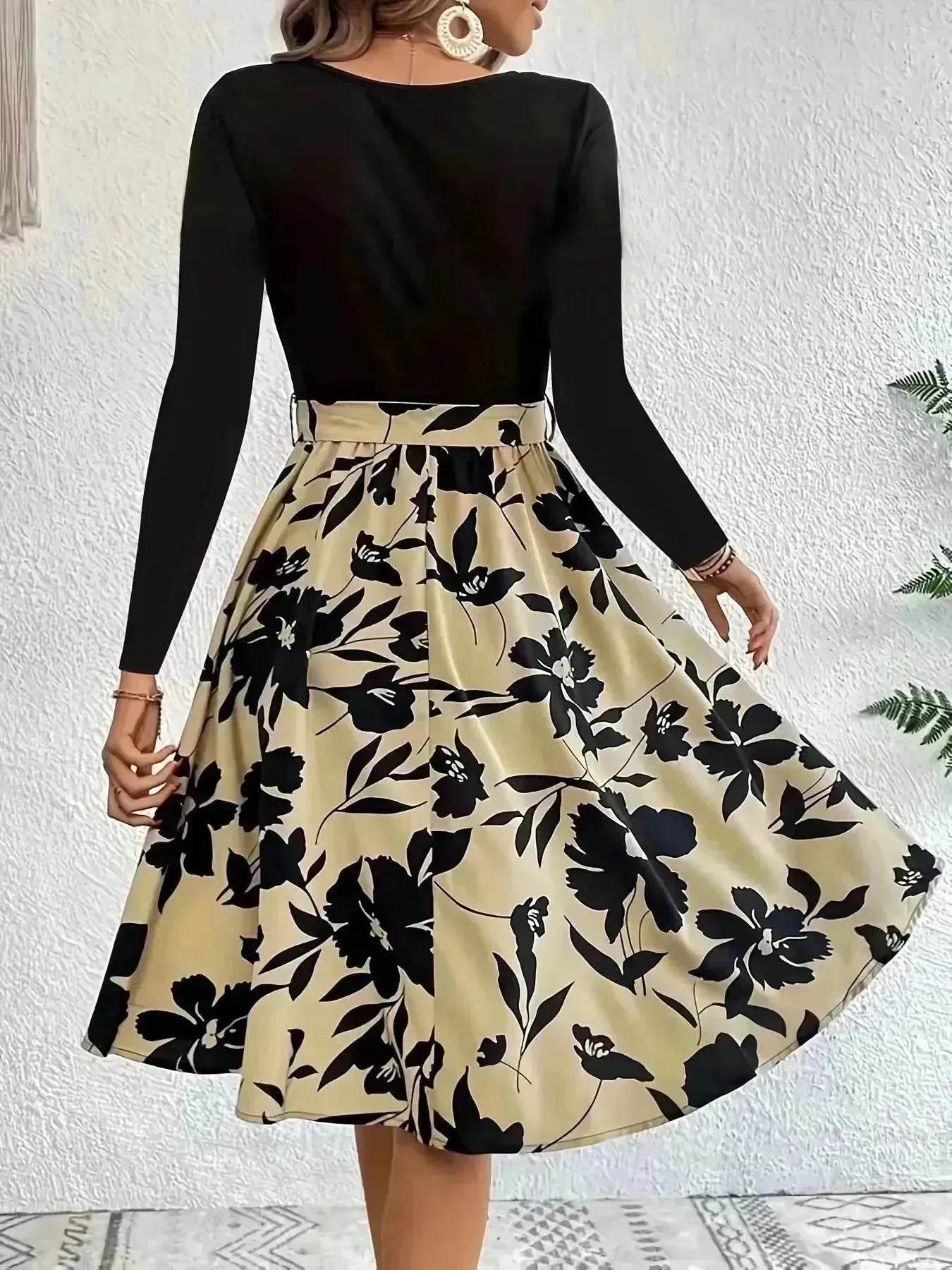 Floral Print Long Sleeve Skirt - Round Neck Flared Dress