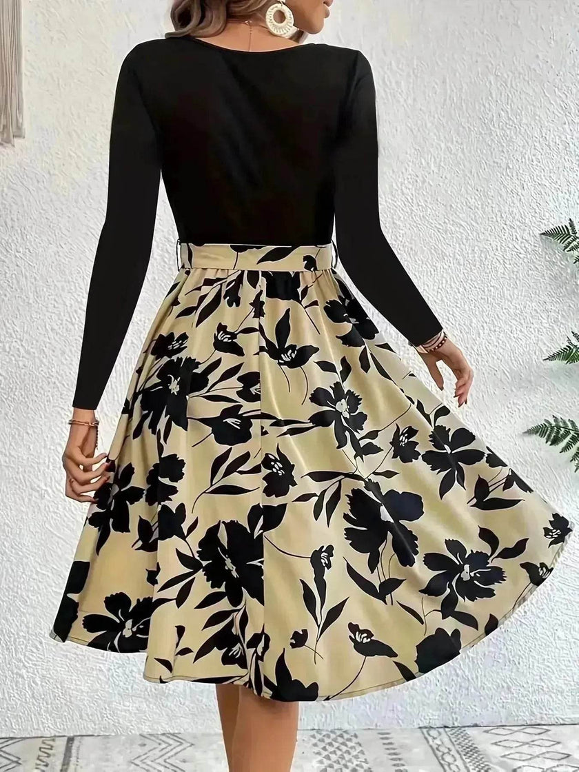 Floral Print Long Sleeve Skirt - Round Neck Flared Dress