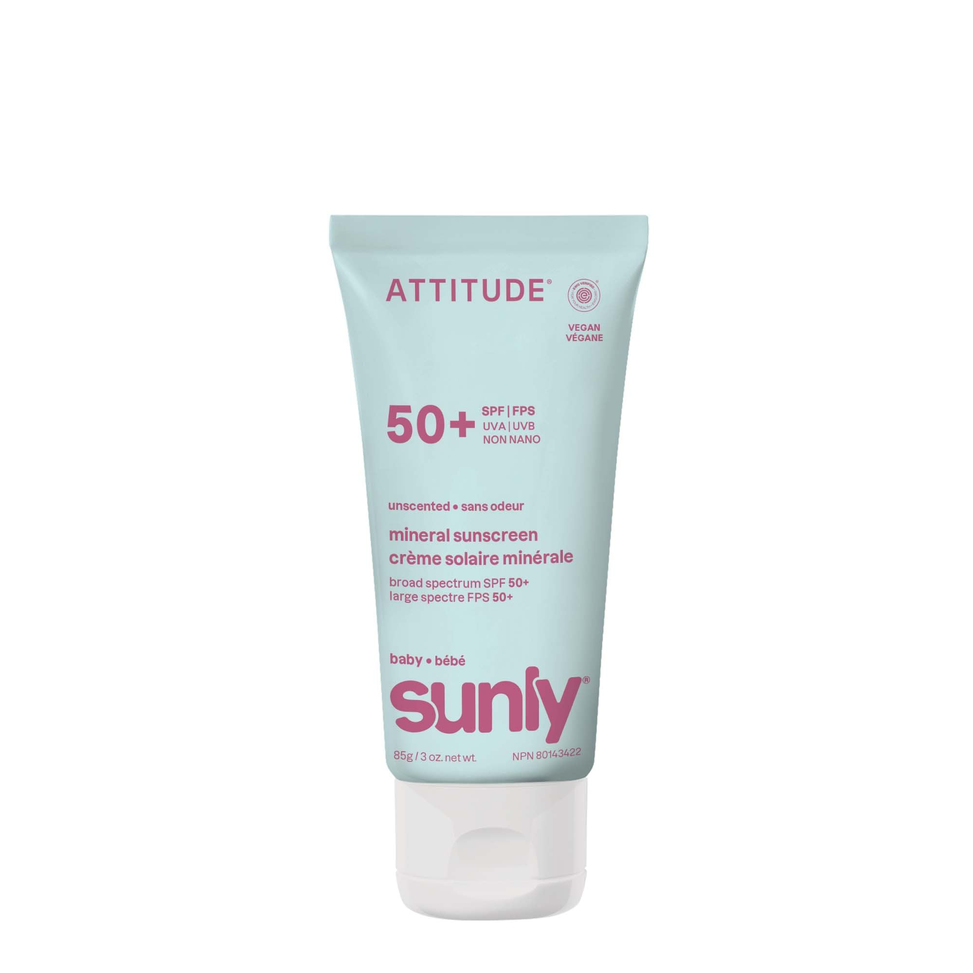 ATTITUDE Baby Mineral Sunscreen SPF 50, Broad Spectrum Zinc Oxide, EWG Verified, Mineral-Based, Non-Nano, Lightweight Cream for Face & Body, Gentle Formula, Unscented, 80 grams 🍁 All In One Marketplace Canada