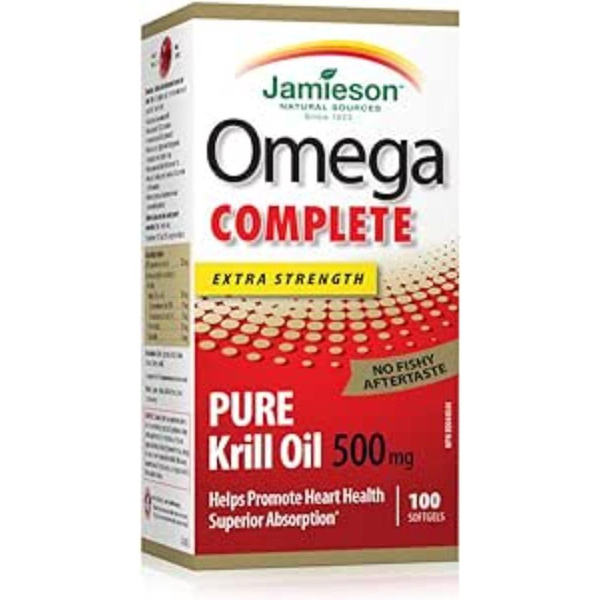 Jamieson Omega Complete Pure Krill Oil 500 mg, 100 Softgels, No Fishy Aftertaste, Supports Heart Health, and Provides Superior Absorption. With Antarctic Krill Oil. Proudly Canadian 🍁 All In One Marketplace Canada