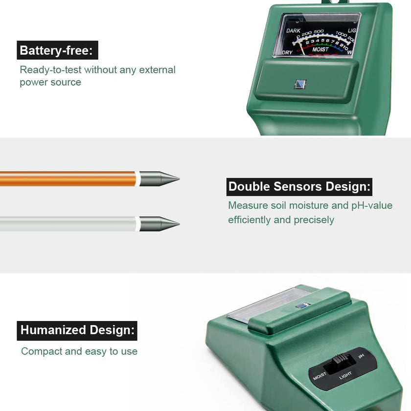 Sonkir Soil pH Meter, MS02 3-in-1 Soil Moisture/Light/pH Tester Gardening Tool Kits for Plant Care, Great for Garden, Lawn, Farm, Indoor & Outdoor Use (Green) 🍁 All In One Marketplace Canada