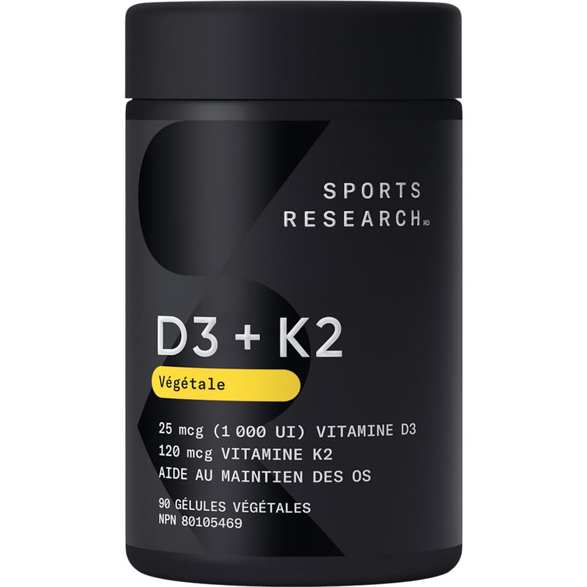 Sports Research® Vitamin D3 + K2 w/Coconut MCT Oil - Vegan Vitamin D 1000iu (25mcg) & Mk-7 Vitamin K 120mcg - Vegan Certified · Non-GMO · Soy Free - 90 Softgels 🍁 All In One Marketplace Canada