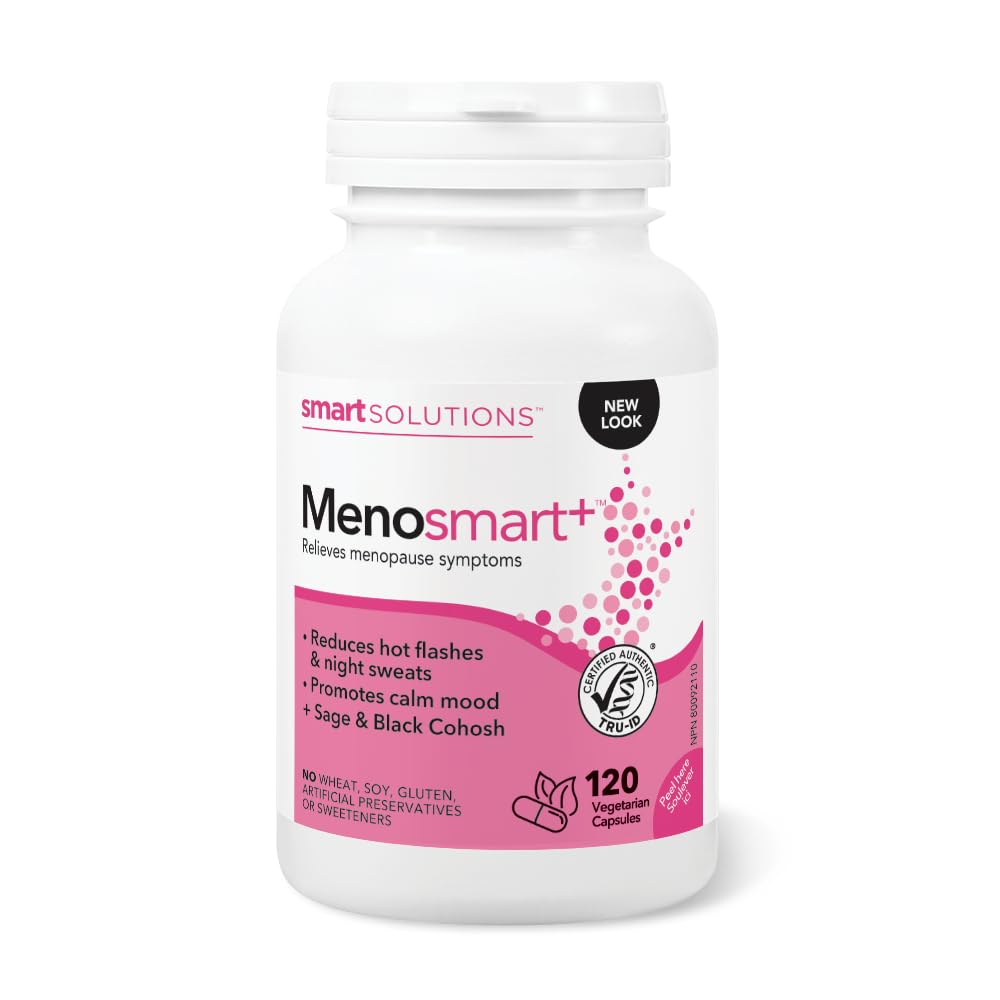 Smart Solutions Menosmart+ Vegetarian Capsules, Reduces Hot Flashes and Night Sweats, Promotes a Calm Mood, and Relieves Menopause Symptoms. With Sage, Black Cohosh, and Chasteberry, Gluten-Free, 120 Count 🍁 All In One Marketplace Canada