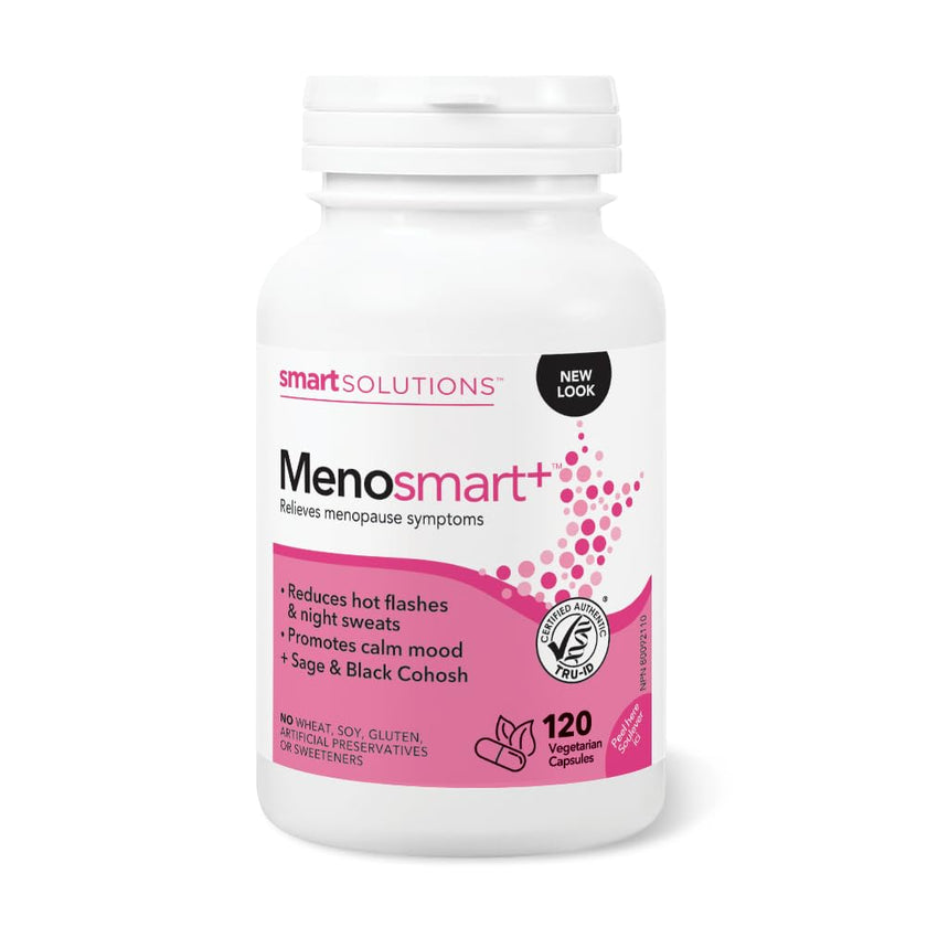 Smart Solutions Menosmart+ Vegetarian Capsules, Reduces Hot Flashes and Night Sweats, Promotes a Calm Mood, and Relieves Menopause Symptoms. With Sage, Black Cohosh, and Chasteberry, Gluten-Free, 120 Count 🍁 All In One Marketplace Canada