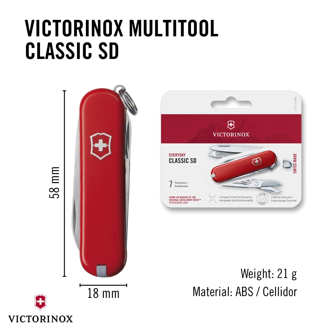 Victorinox Classic SD Swiss Army Knife, Compact, 7 Functions, Swiss Made Pocket Knife with Small Blade, Screwdriver and Key Ring - Style Icon (Red) 🍁 All In One Marketplace Canada