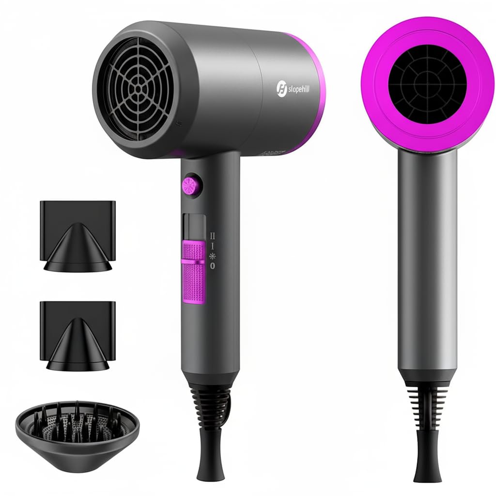 Slopehill Professional Ionic Hair Dryer, Powerful 1800W Fast Drying Low Noise Blow Dryer with 2 Concentrator Nozzle 1 Diffuser Attachments for Home Salon Travel (Grey) 🍁 All In One Marketplace Canada