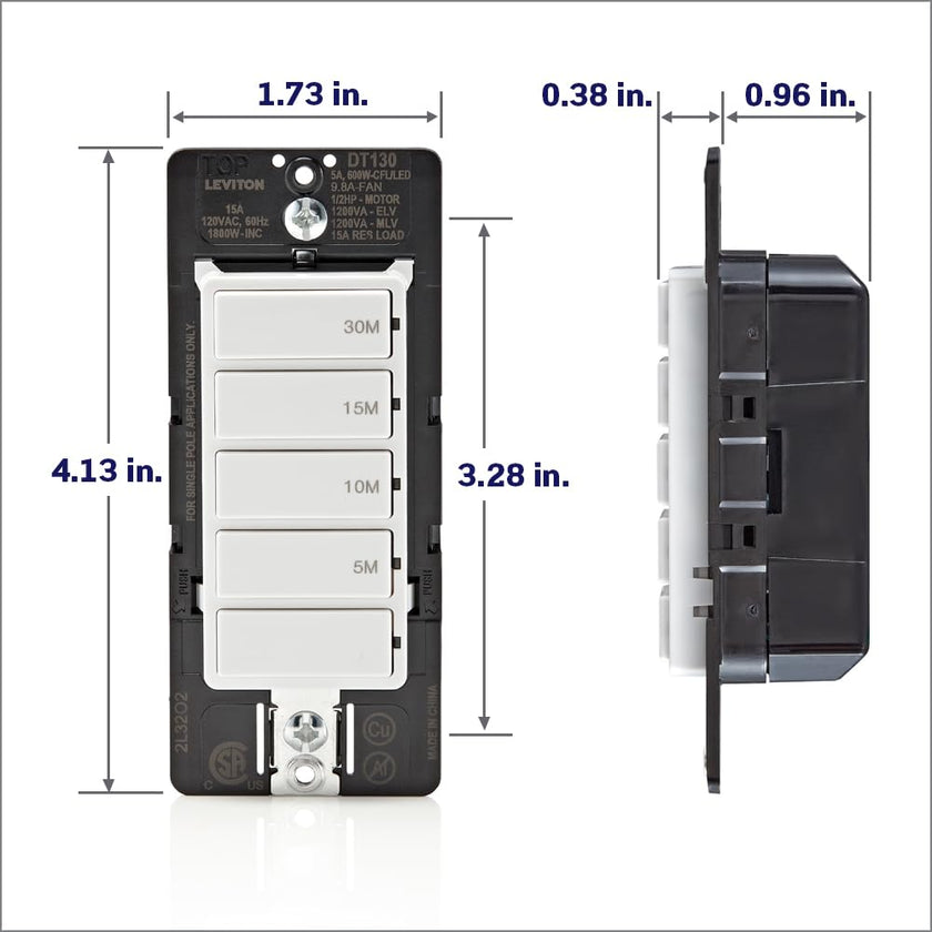 Leviton Countdown Timer Switch, 5-10-15-30 min, No Neutral Required, Single Pole, 15A, 1/2HP/9.8A Fan/Motor, DT130-1LW, White 🍁 All In One Marketplace Canada