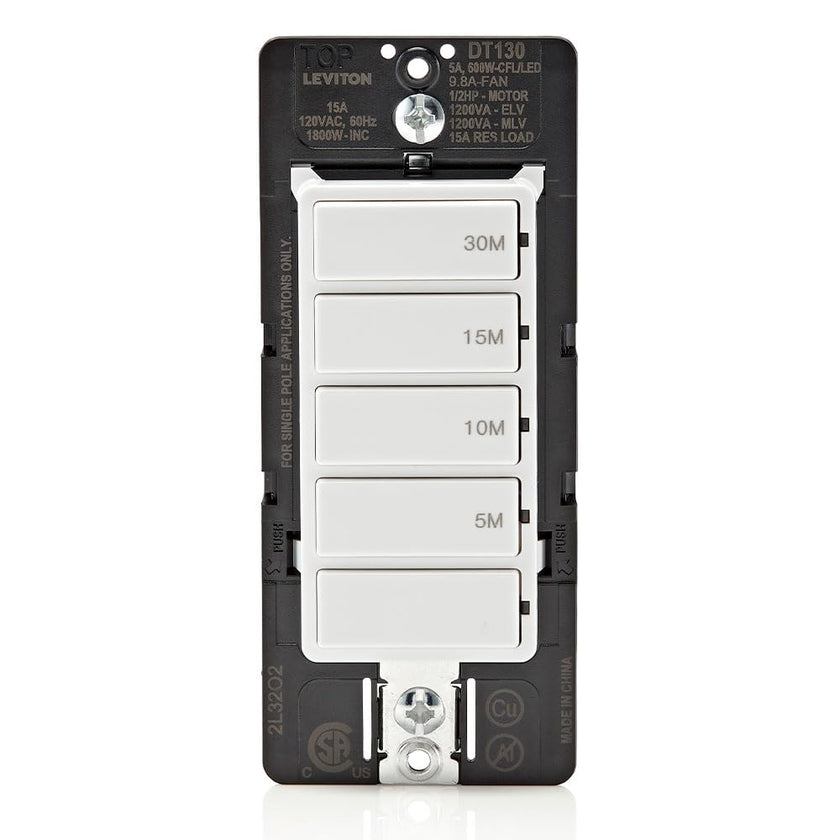 Leviton Countdown Timer Switch, 5-10-15-30 min, No Neutral Required, Single Pole, 15A, 1/2HP/9.8A Fan/Motor, DT130-1LW, White 🍁 All In One Marketplace Canada