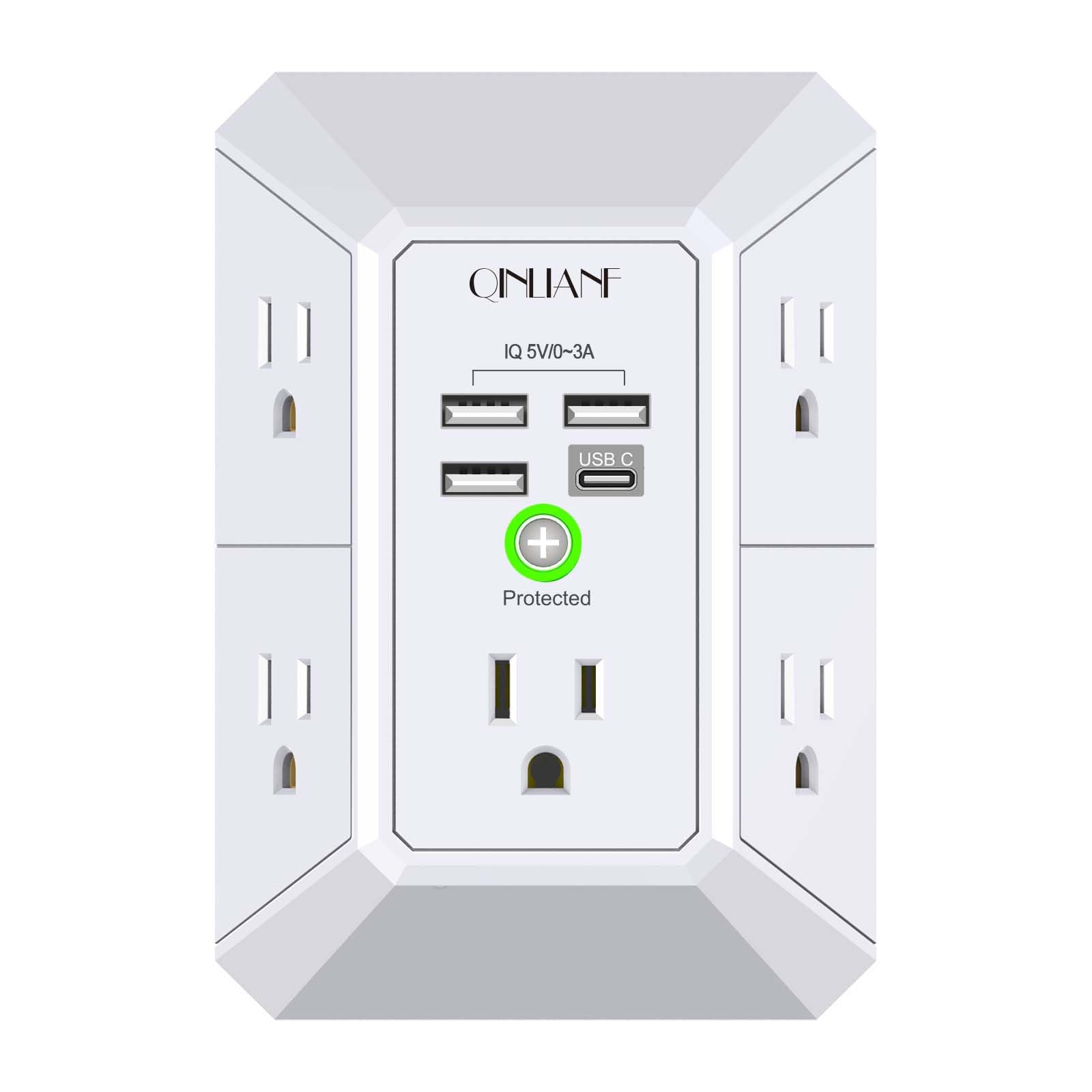 Wall Charger, Surge Protector, QINLIANF 5 Outlet Extender with 4 USB Charging Ports (4.8A Total) 3-Sided 1680J Power Strip Multi Plug Adapter Spaced for Home Travel Office (3U1C) 🍁 All In One Marketplace Canada