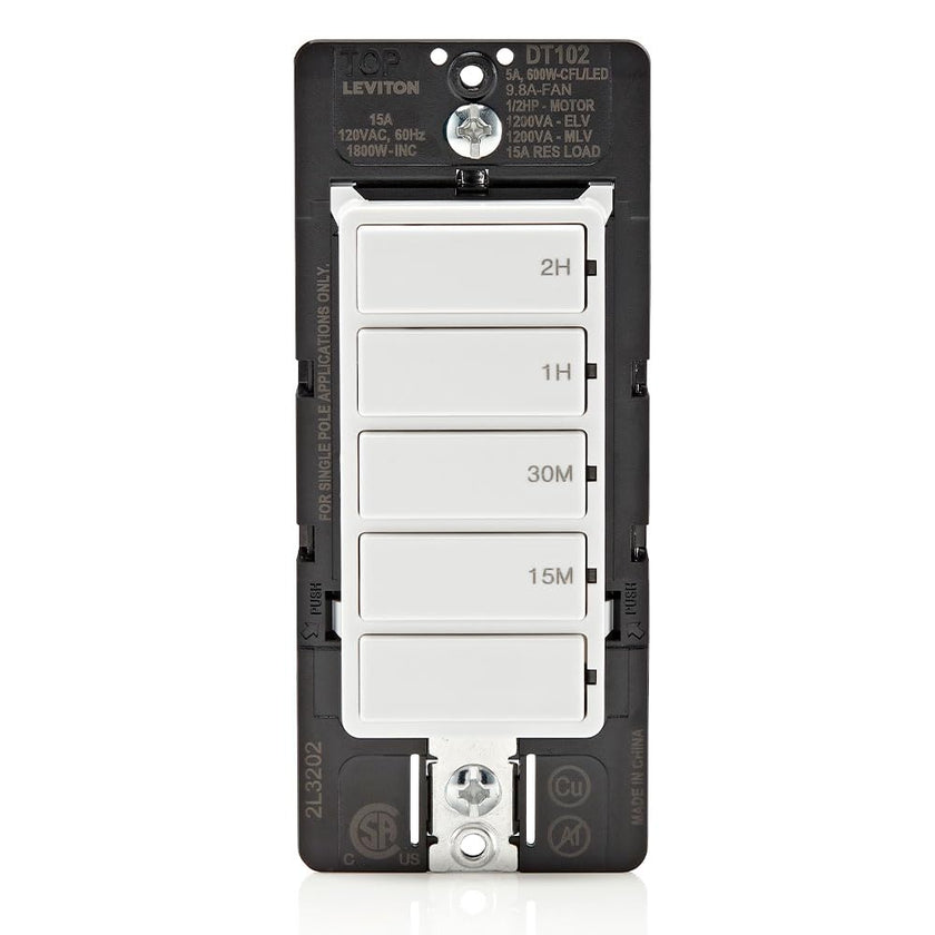 Leviton Countdown Timer Switch for Household Lights and Exhaust Fans, 15-30 min, 1-2 Hour, No Neutral Wire Required, Single Pole, 15A, 1/2HP/9.8A Fan/Motor, DT102-1LW, White 🍁 All In One Marketplace Canada