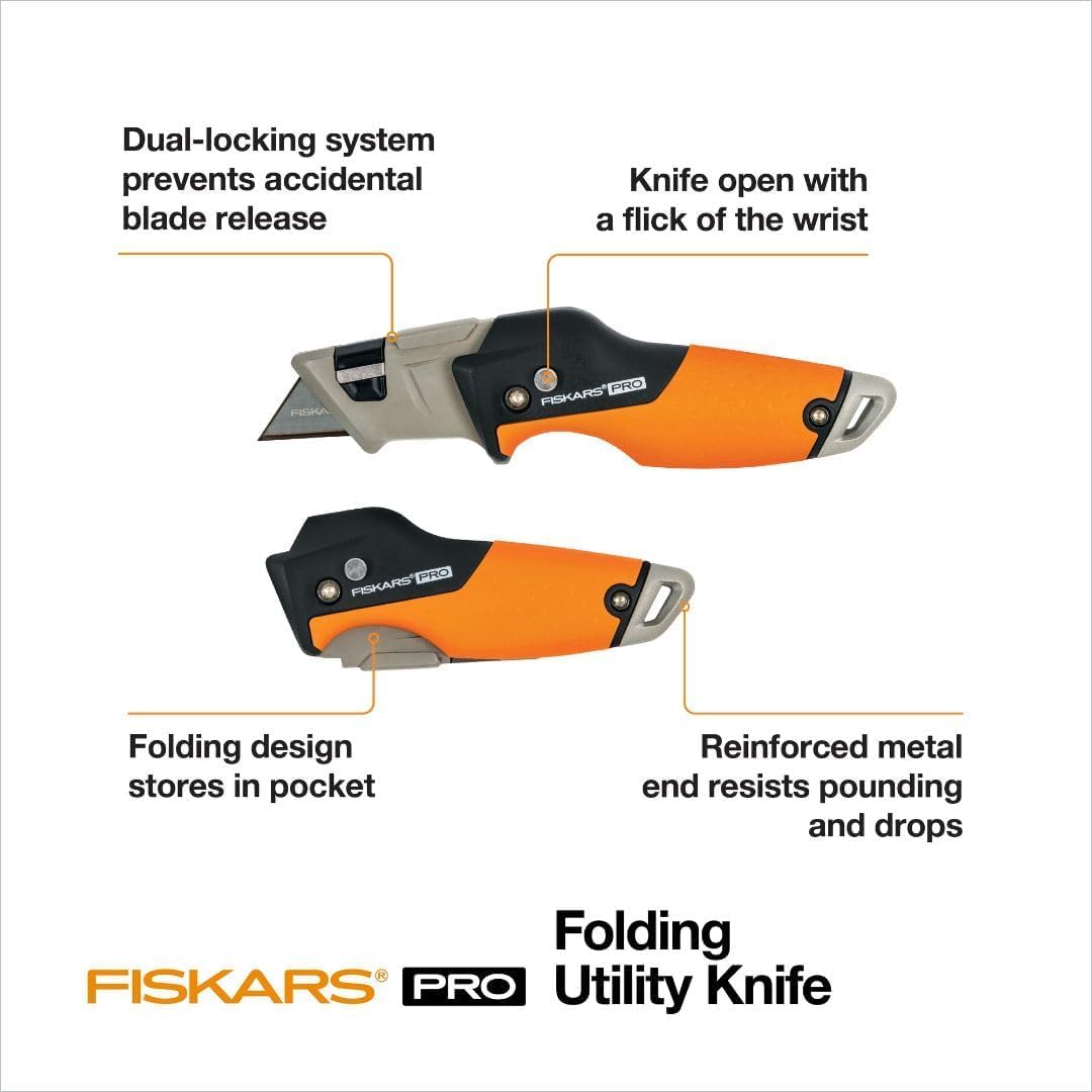 Fiskars Pro Retractable Folding Utility Knife, Box Cutter with Long-Lasting CarbonMax Razor Blade and Dual Lock Safety, Orange/Black 🍁 All In One Marketplace Canada