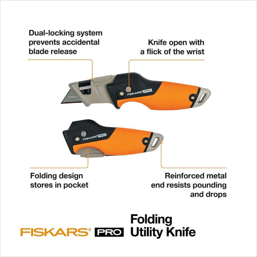 Fiskars Pro Retractable Folding Utility Knife, Box Cutter with Long-Lasting CarbonMax Razor Blade and Dual Lock Safety, Orange/Black 🍁 All In One Marketplace Canada
