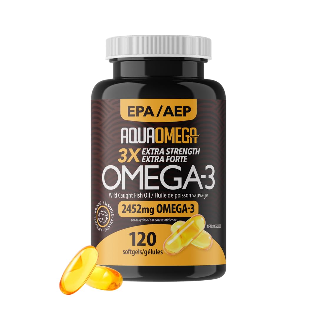AQUAOMEGA 3X Extra Strength High EPA Fish Oil Omega 3 Supplements, Wild Caught Triple Strength Omega 3 Fish Oil Capsules with EPA, DHA and Vitamin D, Omega3 Supplements Made in Canada,120 Softgels 🍁 All In One Marketplace Canada