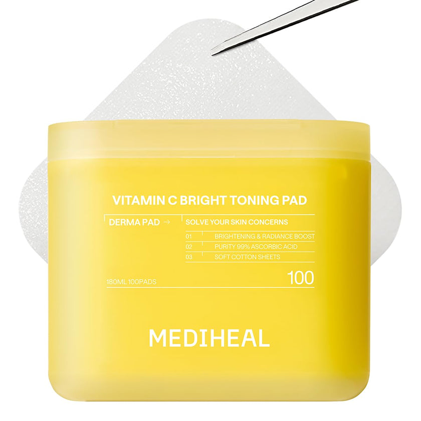 MEDIHEAL Vitamin C Brightening Toner Pads – Korean Skincare, 99% Pure Encapsulated Vitamin C with Sea Buckthorn & Glutathione, Dark Spots, Uneven Skin Tone Care, Gauze Fabric, 100 Pads 🍁 All In One Marketplace Canada