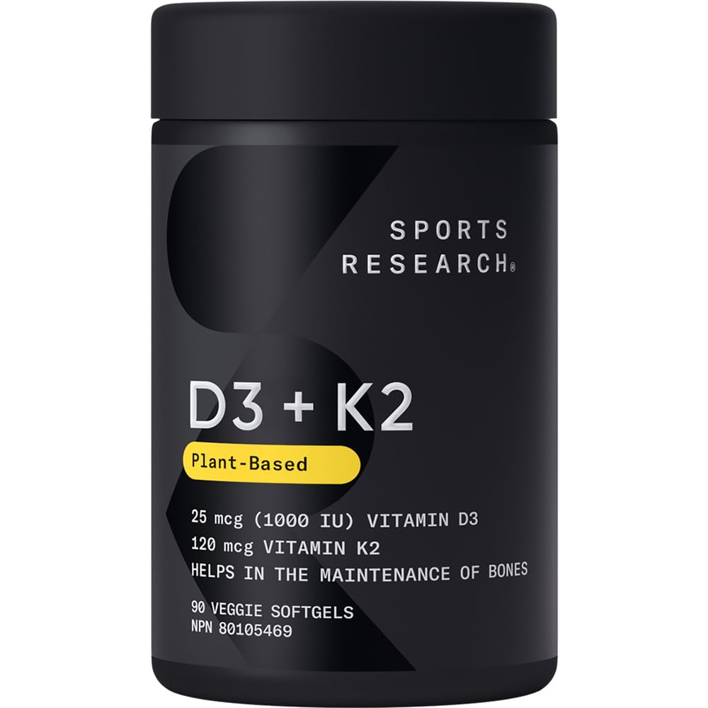 Sports Research® Vitamin D3 + K2 w/Coconut MCT Oil - Vegan Vitamin D 1000iu (25mcg) & Mk-7 Vitamin K 120mcg - Vegan Certified · Non-GMO · Soy Free - 90 Softgels 🍁 All In One Marketplace Canada