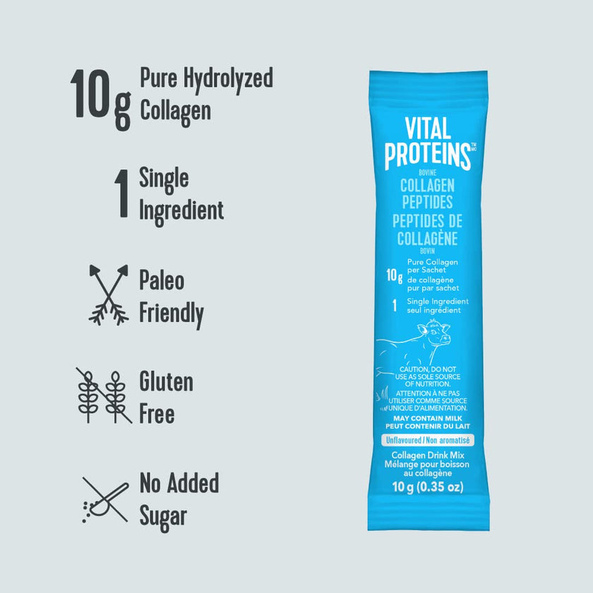 VITAL PROTEINS Bovine Collagen Peptides Powder, Single-serve Stick Packs, Unflavoured, Odourless, Gluten-free, No Added Sugar, Paleo-friendly, Non-GMO, No Artificial Flavours Or Colours, 200 g 🍁 All In One Marketplace Canada