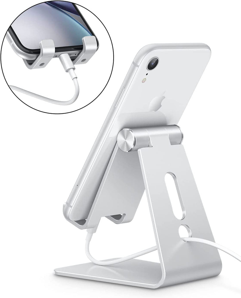 Adjustable Cell Phone Stand, OMOTON C2 Aluminum Desktop Phone Holder Dock Compatible with iPhone 17/16/15/14 Pro Max/Pro/Air and Other Smart Phones, Silver 🍁 All In One Marketplace Canada