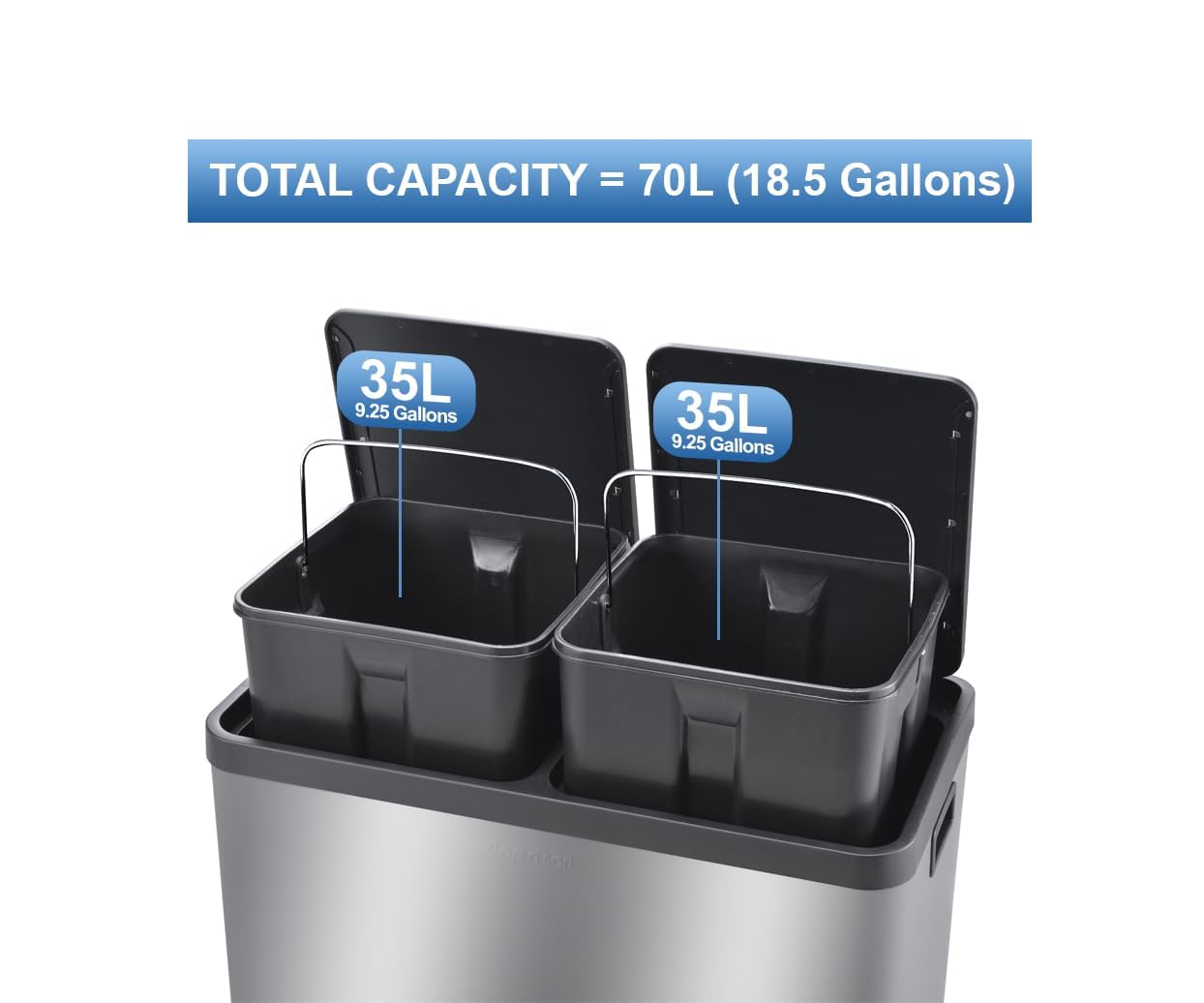 The Step N' Sort 18.5 Gallon Extra Large Capacity, Soft-Step, Dual Trash and Recycling Bin with Removable Inner Bins. Silver 🍁 All In One Marketplace Canada