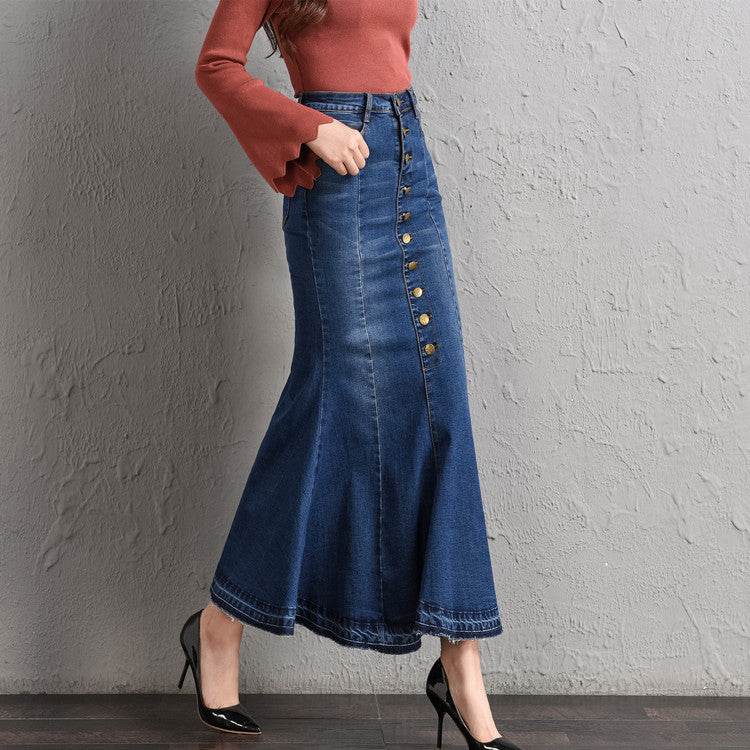 New Fashion Fitted Button up Mermaid Midi Denim Skirt