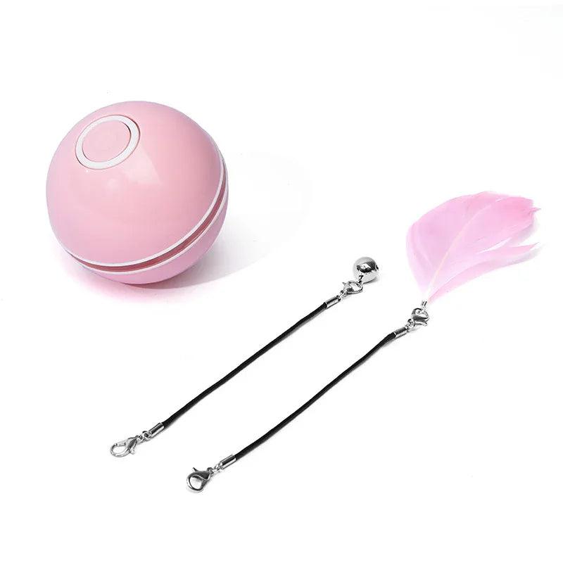USB Rechargeable LED Rolling Cat Ball Toy with Feather & Bell – Blue, White, Gray, Pink