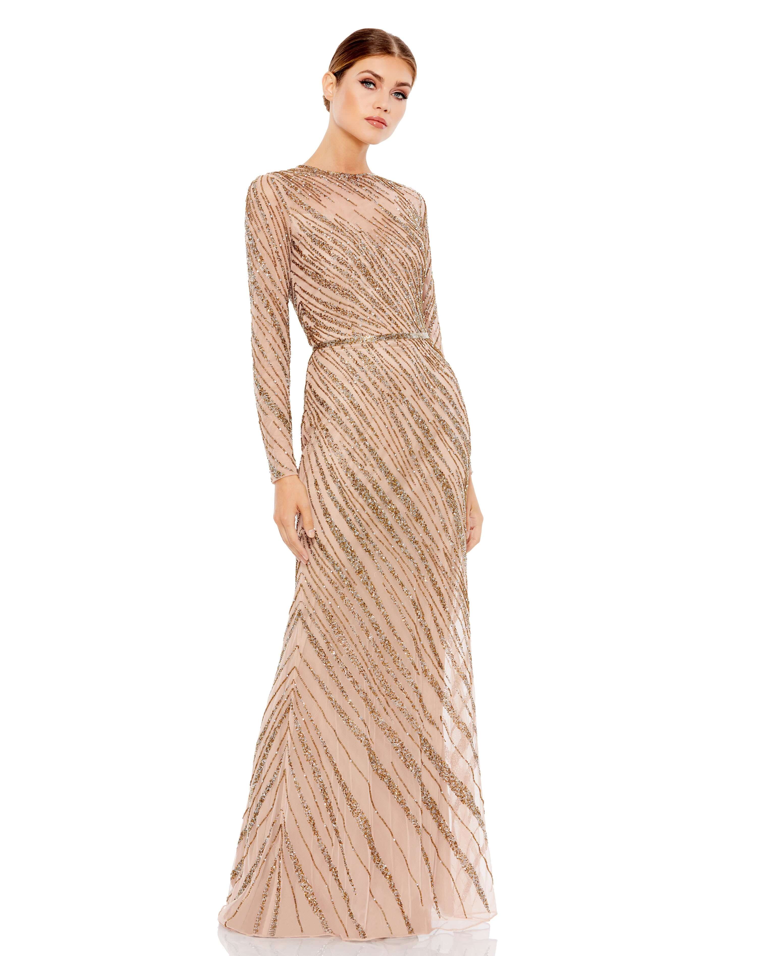 Long Sleeve Beaded Column Gown
