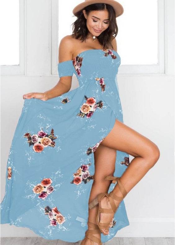 Elegant Ladies Summer Boho Vacation Resort Slit Maxi dress off shoulder Long floral Beach summer slit dress