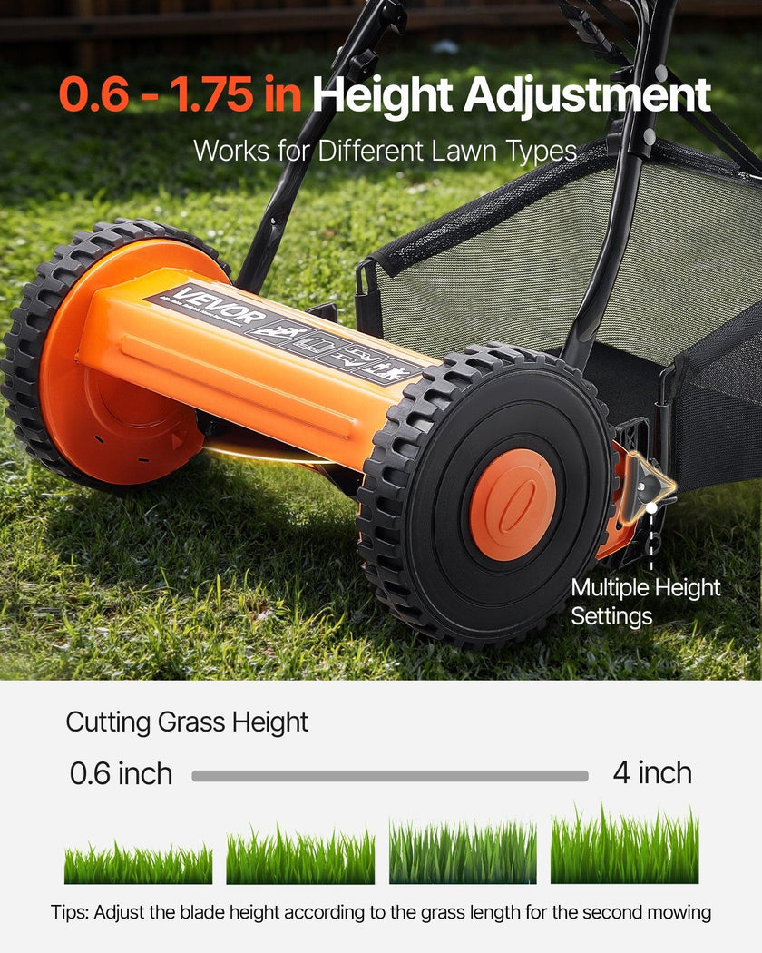 16' Manual Push Reel Lawn Mower 5-Blade Adjustable Height Grass Catcher 2 Wheels