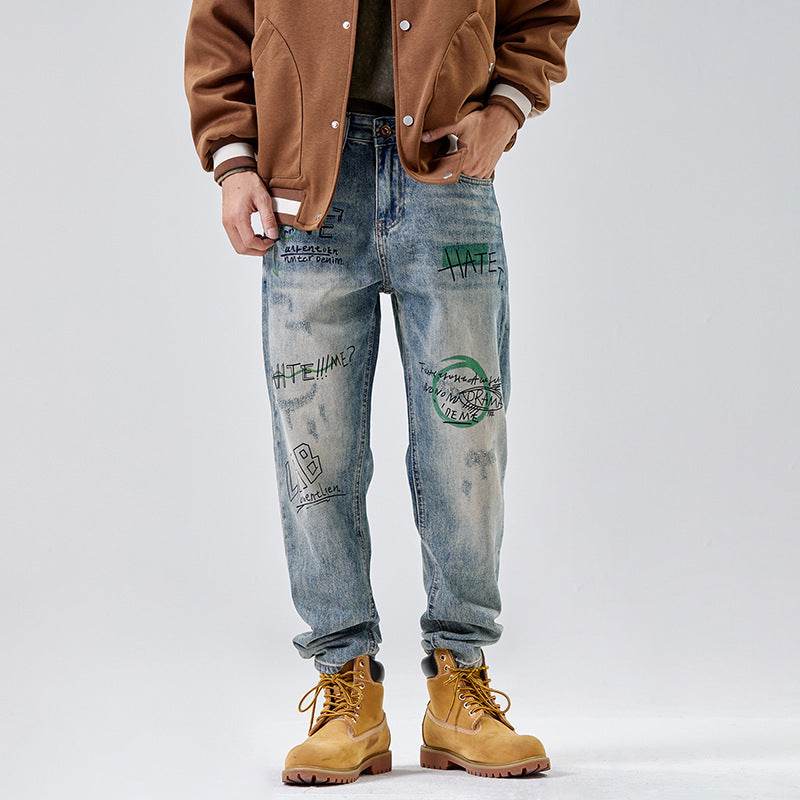 American Print Denim Casual jeans pant Loose Straight Dad Trousers For Men