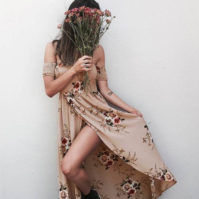 Elegant Ladies Summer Boho Vacation Resort Slit Maxi dress off shoulder Long floral Beach summer slit dress