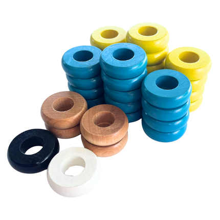32 Yellow and Light Blue Carrom / Pichenotte Rings - (Yellow / Light Blue / Natural / Black / White) - Anneaux De Pichenottes - Game Accessories / Accessoires De Jeu