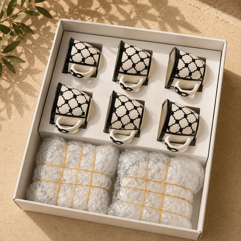 Palestinian Kuffia Coffee Set of 6 – Ceramic Cups with Plates (10×9×7 cm), Traditional Arabic Coffee Cups