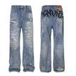 Punk Make Old Ripped Letter Denim Trousers Men Jeans
