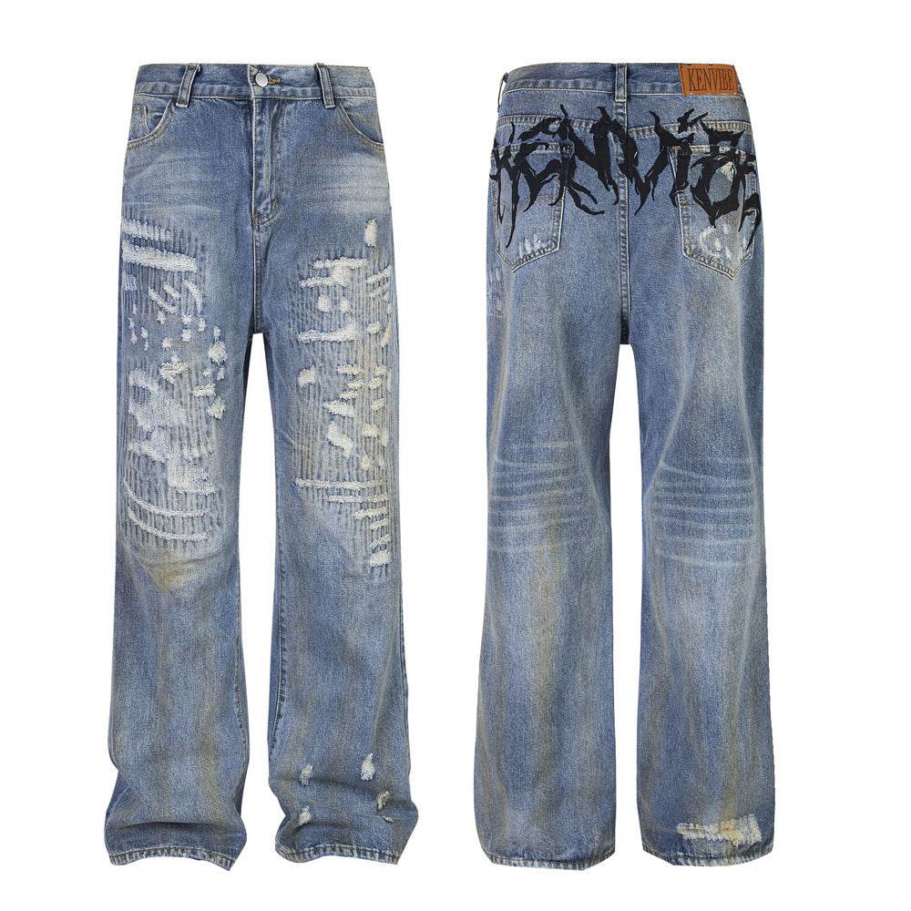 Punk Make Old Ripped Letter Denim Trousers Men Jeans