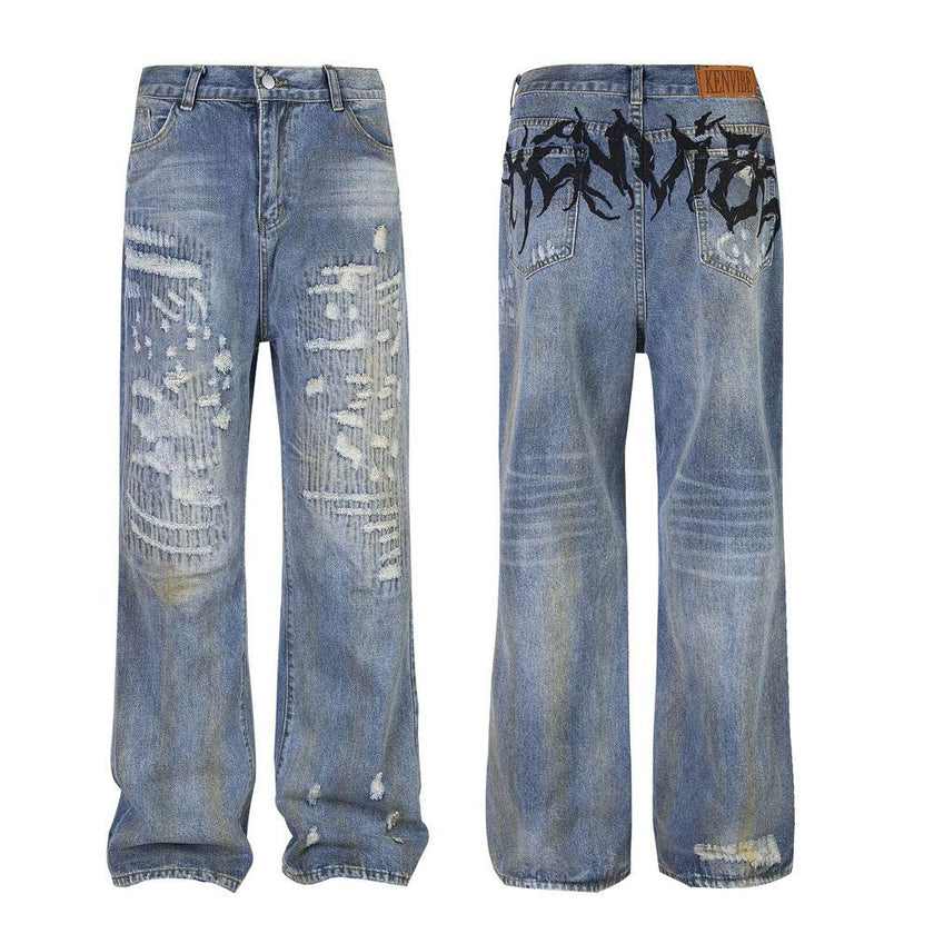 Punk Make Old Ripped Letter Denim Trousers Men Jeans