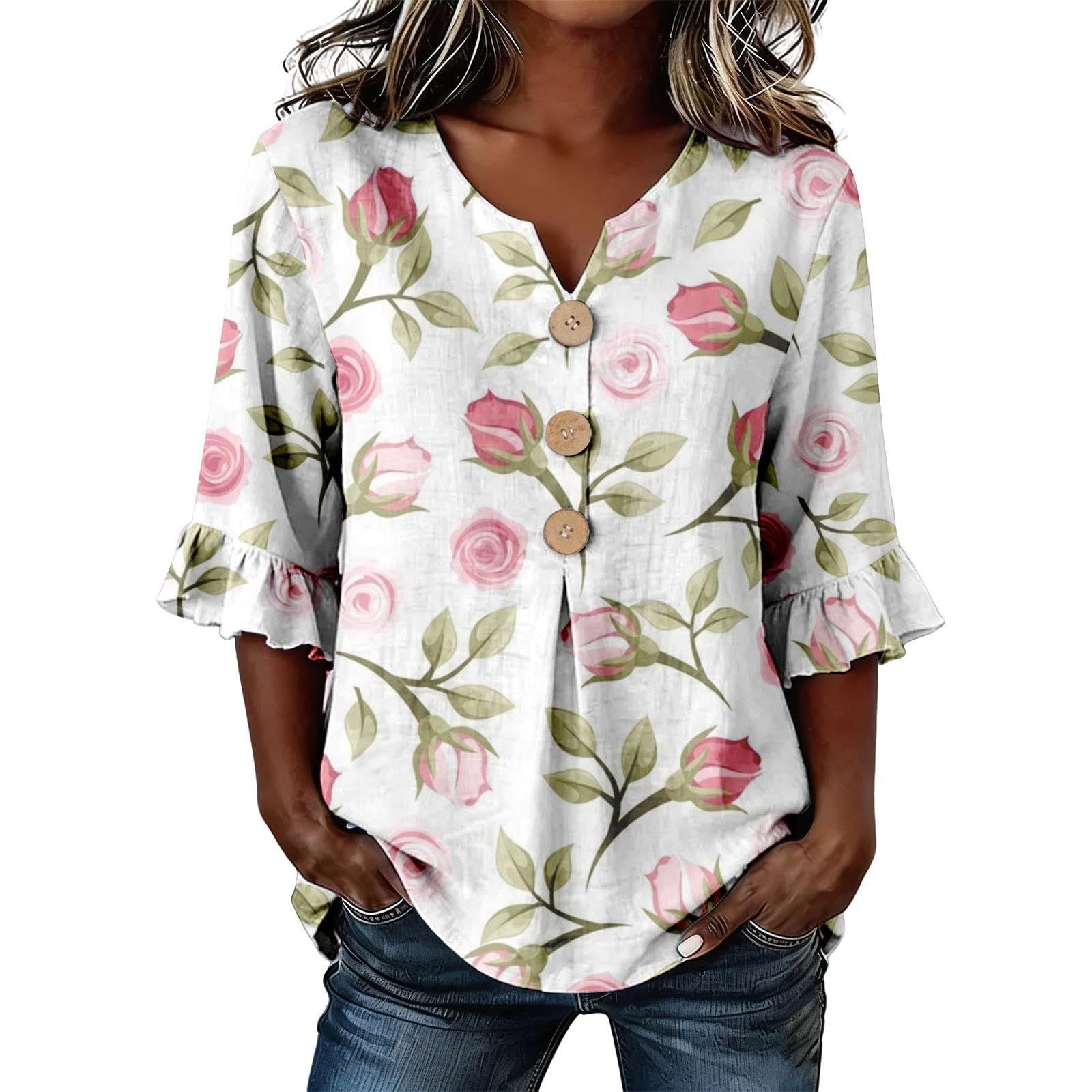Womens Three-quarter-sleeve Buttoned Blouse With A Floral Pattern