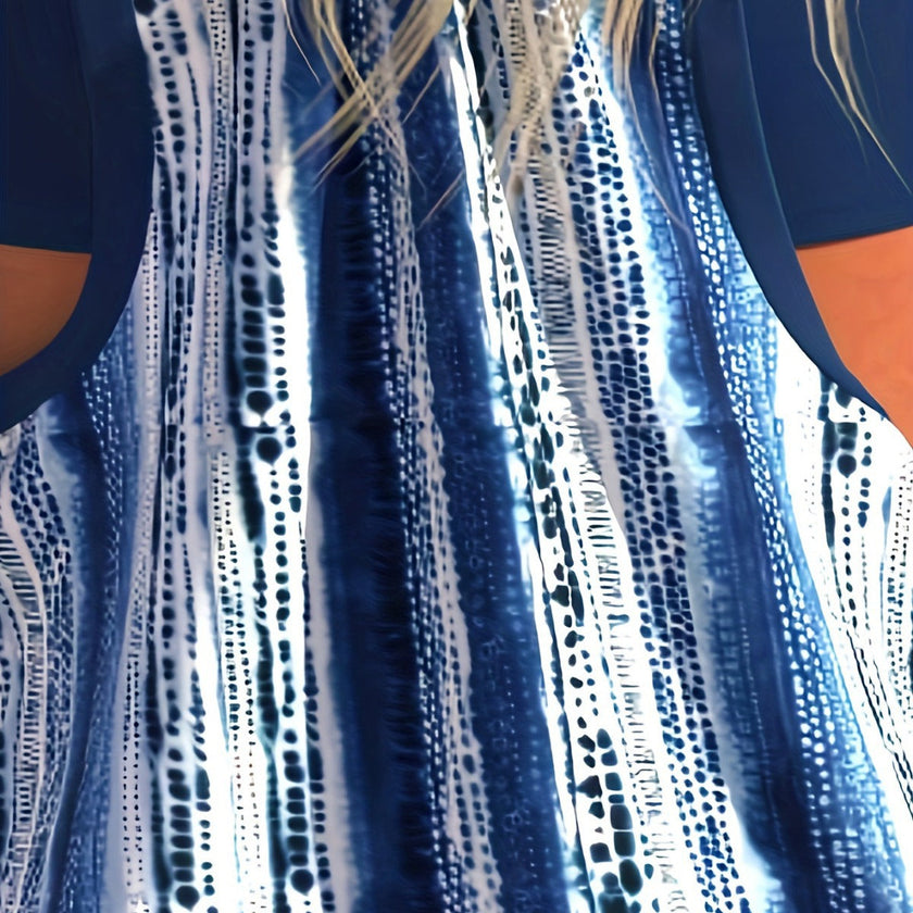 Women's Striped Swimsuit Skirt Set – Nylon Spandex Two-Piece Swimwear in Blue (XL–5XL)