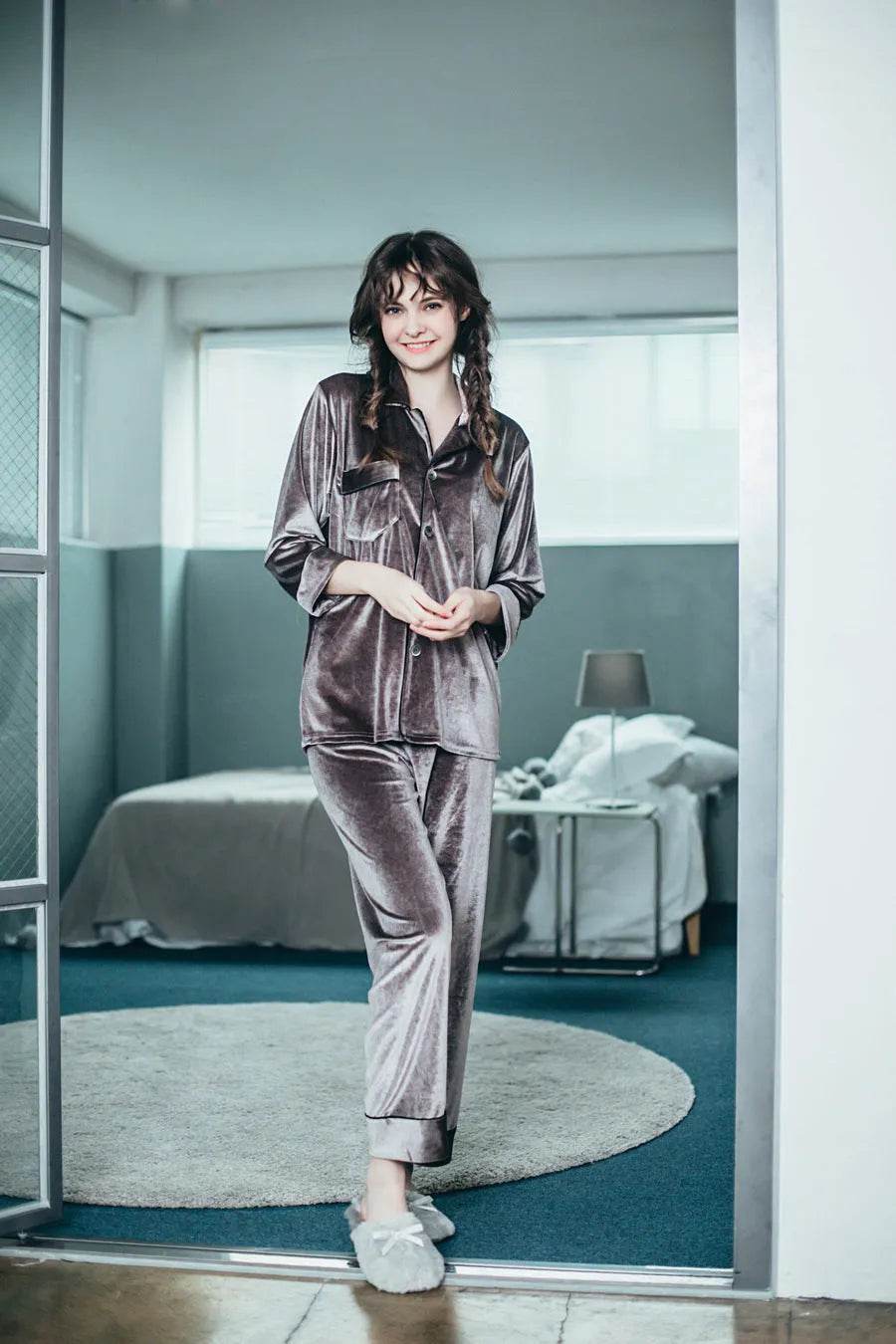 2pcs Couple Gold Velvet Long Sleeve Pajamas set
