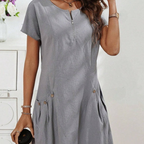 Women's Short-Sleeve Casual Dress with Pockets & Zipper – 12 Colors, S–3XL