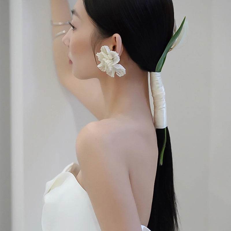 Bridal Beautiful Flowers Handmade Beaded Pearl Earrings