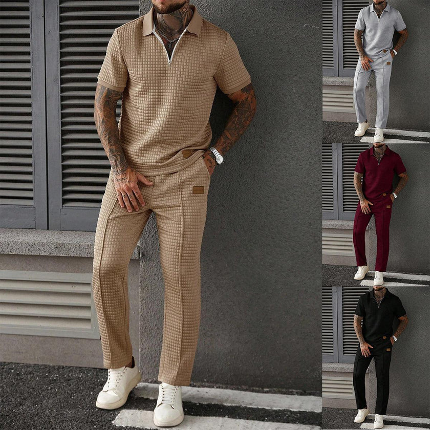 Men's Zip-Up Polo Shirt and Pants Two-Piece Set