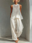 Sheer Round-neck Sleeveless Tank Top And Drawstring Wide-leg Pants Set