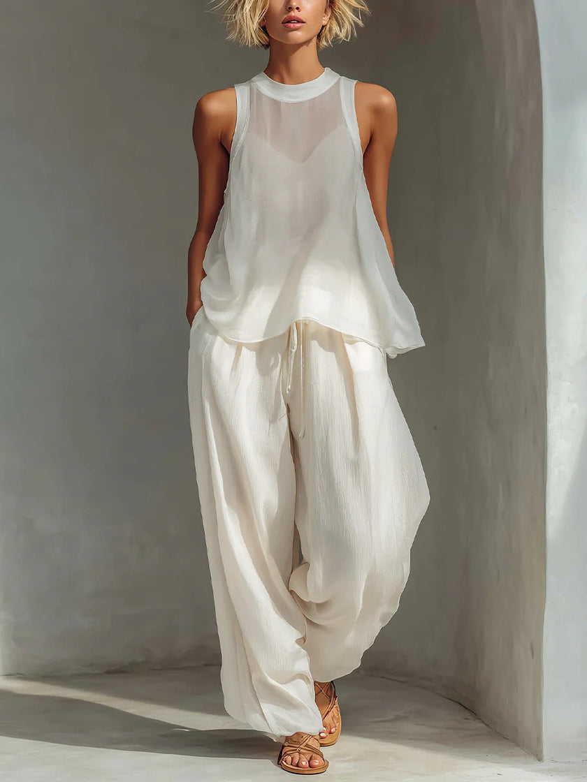 Sheer Round-neck Sleeveless Tank Top And Drawstring Wide-leg Pants Set