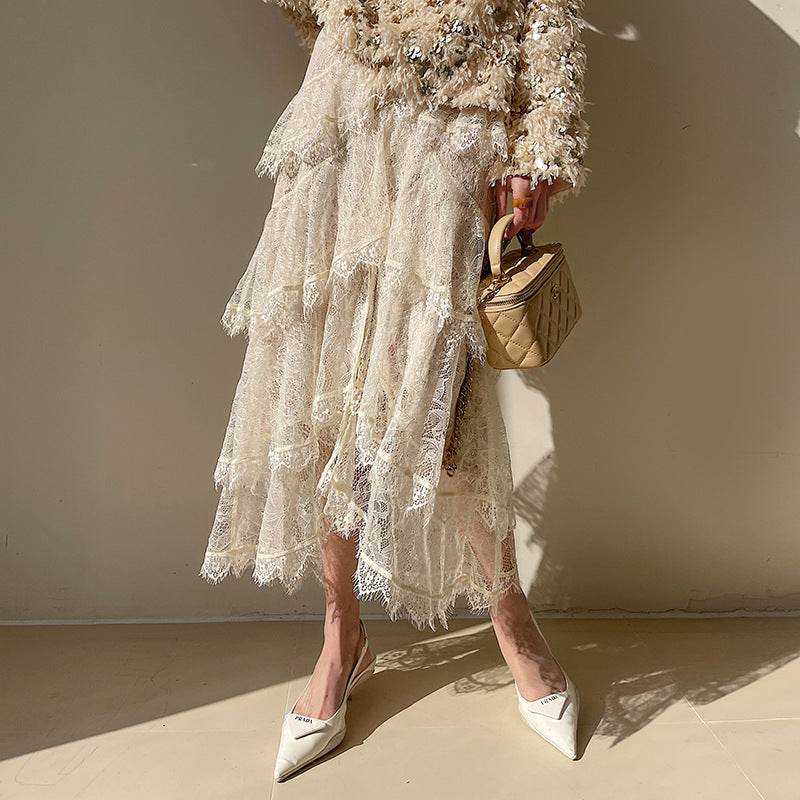 Spring Summer Irregular Cake Layer Lace Midi Tulle Skirt