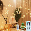 Ramadan Solar Lights, Outdoor Waterproof Moons Stars Curtain Window String With 8 Modes Timer Remote ,USB Rechargeable Connectable Warm White Hanging Decor For Patio