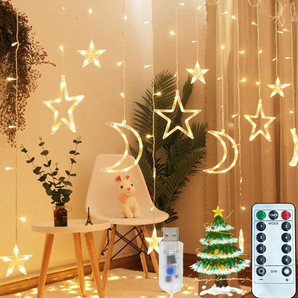 Ramadan Solar Lights, Outdoor Waterproof Moons Stars Curtain Window String With 8 Modes Timer Remote ,USB Rechargeable Connectable Warm White Hanging Decor For Patio