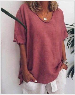 Women's Loose Short Sleeve Linen Blouse Top – Casual Summer T-Shirt