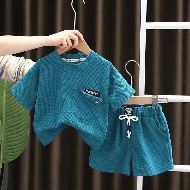 Children's Summer Clothing Casual Plain color Cotton Short Sleeve shirt and Short pant Two-piece Set