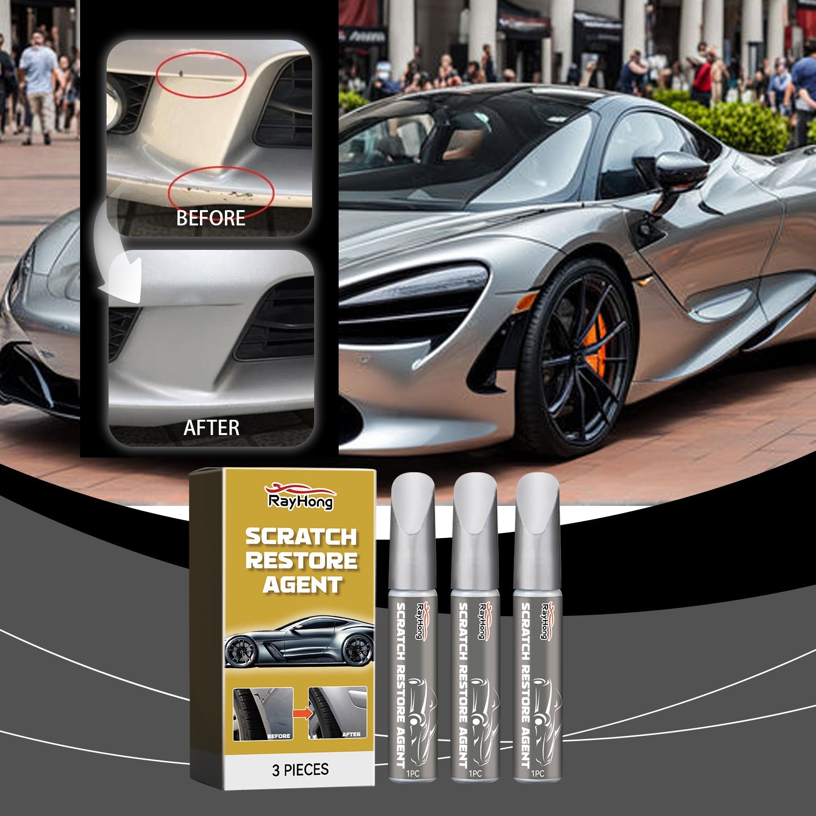 Rayhong Car Scratch Repair Pen — Touch-Up Paint Pen for Scratches & Paint Damage (3-Piece Set)